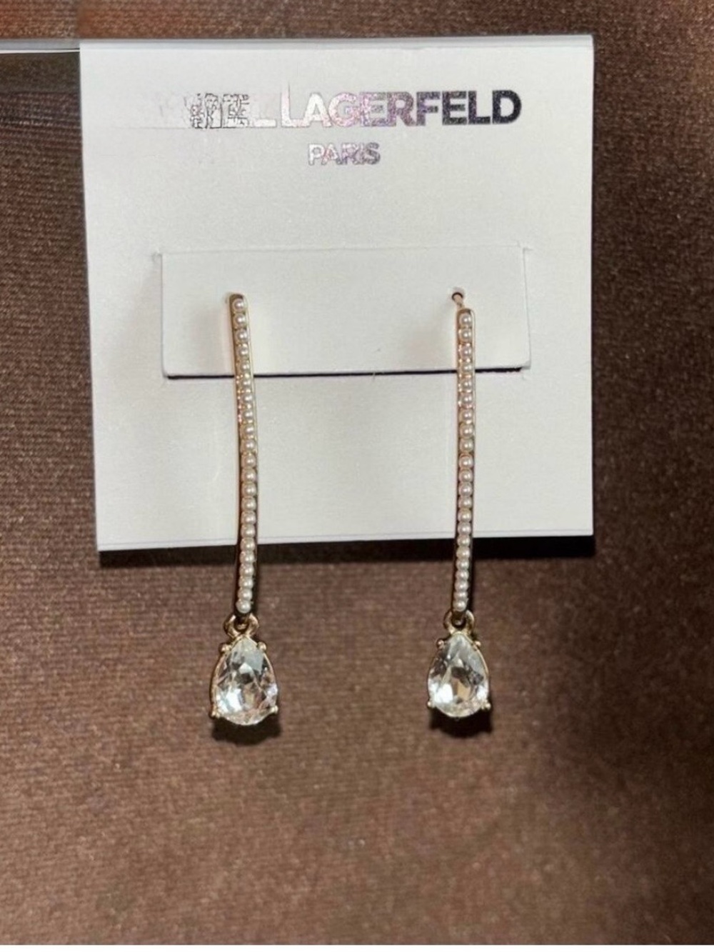 Karl Lagerfeld Gold Crystal Teardrop Linear Wire Earrings, NWT